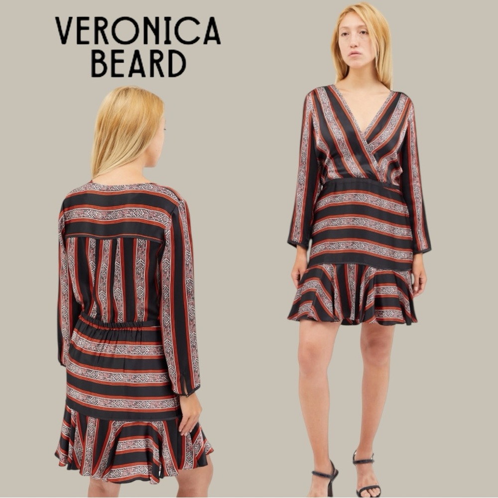 Veronica Beard 100% Silk Wrap Dress Flounce Hem Stripe Print Size 8